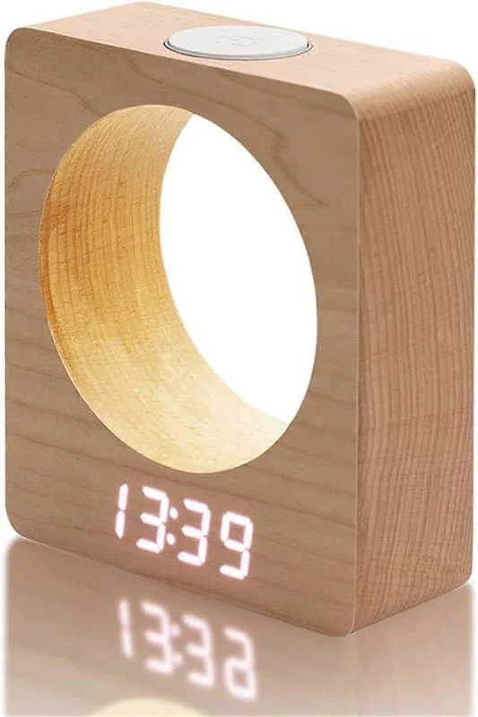 Tyst digital väckarklocka i trä med ljus, digitala väckarklockor, väckarklockor för sängbord med LED