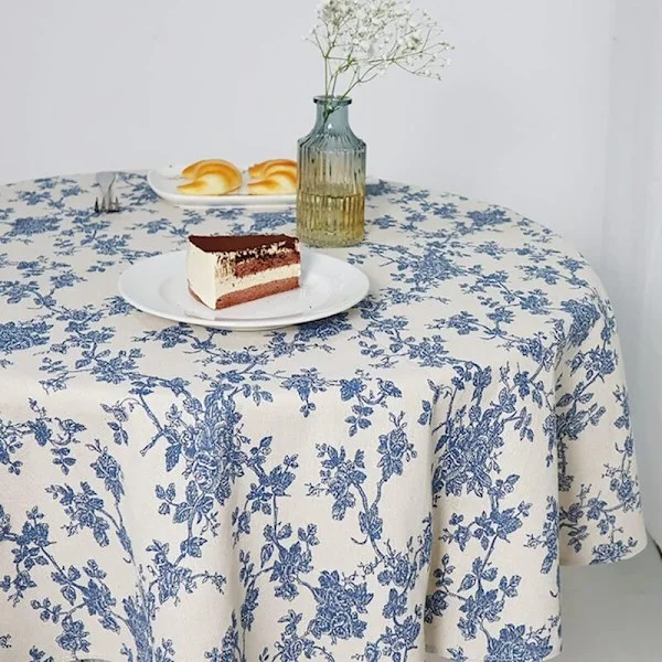 Pastoral Blommig Blå Linne Bomull Duk, Lantlig Stil Inomhus och Utomhus Duk, 140cm Rund, för Fester, Picknick och Vardagsbruk
