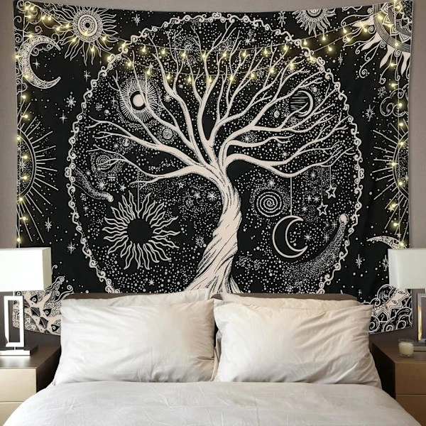 130x150cm Livets Träd Tapet Måne och Sol Svart Väggbonad Psykedelisk Stjärnklar Mandala Tapet Hippie Vägg