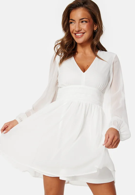 Bubbleroom Occasion-Tie Back L/S Chiffon Dress-White - Valmistujaismekko