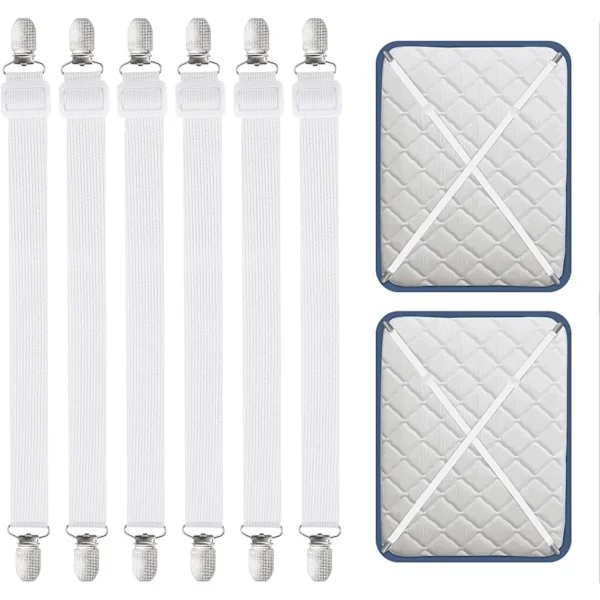 6-delars set med lakansträckare med fästremmar, justerbara från 55 till 250 cm, lämpliga för lakan och madrasser, vit.
