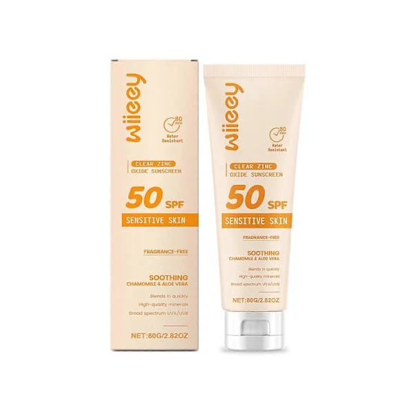 Solkrem for barn, klar sinkoksid solkrem SPF 50 - Parfymefri, bredspektret UVA/UVB-beskyttelse med kamille og aloe for sensitiv hud