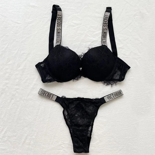 Sexede undertøj Komfort Kvinder Sæt Push Up BH Victoria's Secret Undertøj Sæt Kvinde Undertøj Vetement Femme Blonder Sort Lace Black