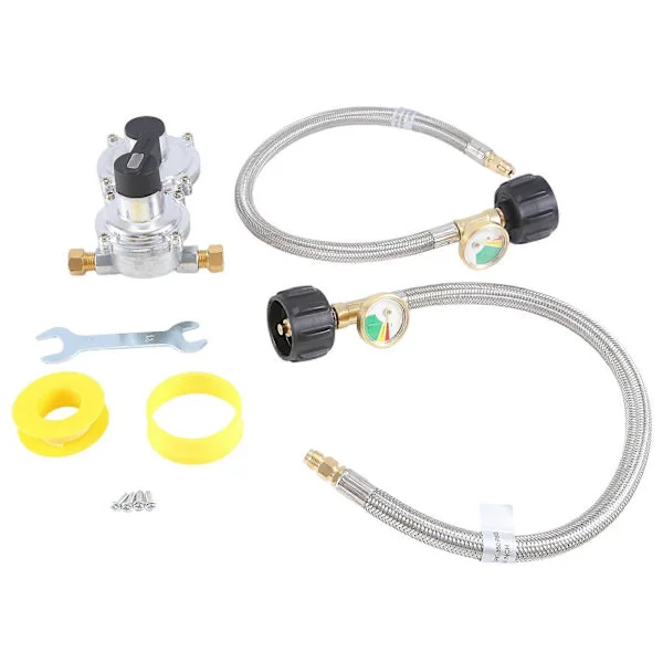 Kraftig 2-tankars automatisk omkopplingsregulator för husbilspropan med slang och mätare, 2-stegs gasolregulator för husvagn och husbil (2-pack)