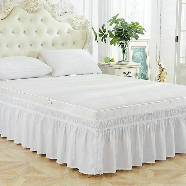 {PL} Sengeteppe, enkelt sengeteppe med volang, ensfarget strikk, hvit, 150 x 200 + 38 cm