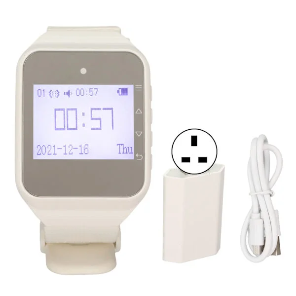 Klokke Pager LCD Kalendervisning En Knapp Alarm Vibrasjon Trådløst Ringesystem for Catering Fabrikker UK Plug Hvit