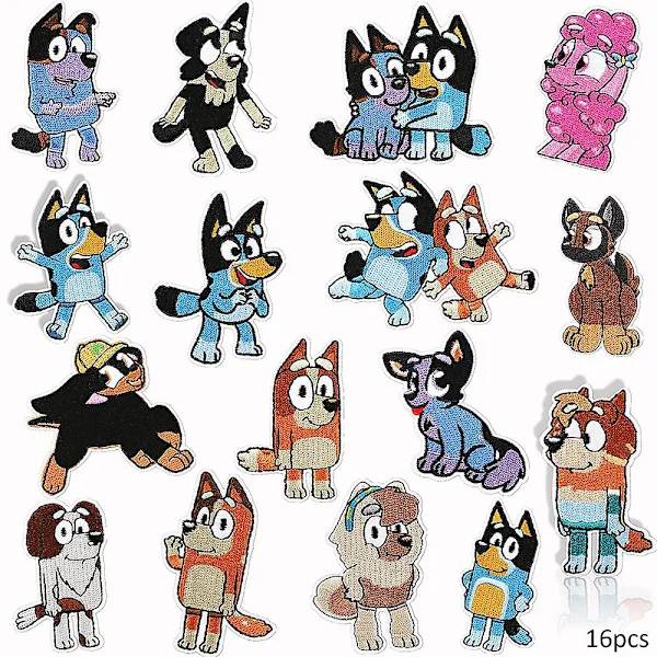 16 Pakk Bluey-serie Broderte Lappemerker, Sy På Eller Stryk På Dekorative Lappemerker For Klær, Kjole, Hatt, Jeans, DIY Tilbehør