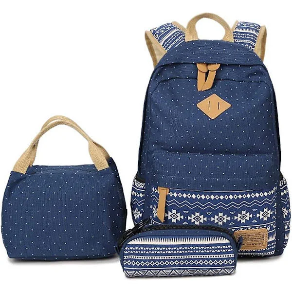Set med 3 stk canvas skolsekker for gutter og jenter, skolevesker for tenåringer, casual skolevesker