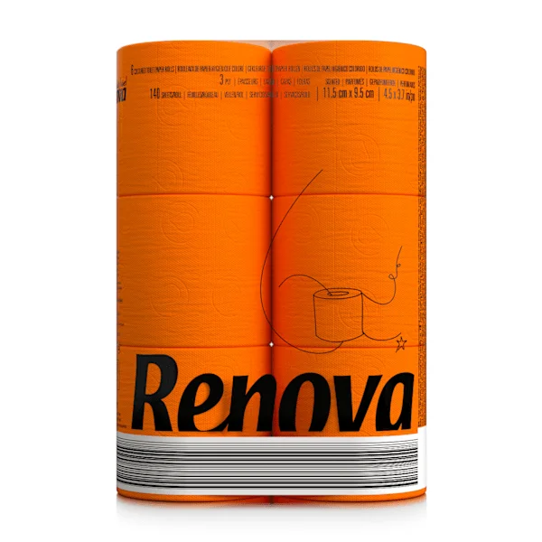 Orange Toalettpapper Renova Doftande 16.1M 3-Lager 140 Ark 6 Rullar