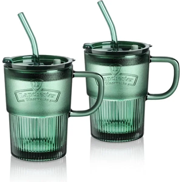 450 ml Mug with Lid and Straw, Iced Coffee Mug with Straw and Lid, Set of 2 Green Water Mugs with Straw