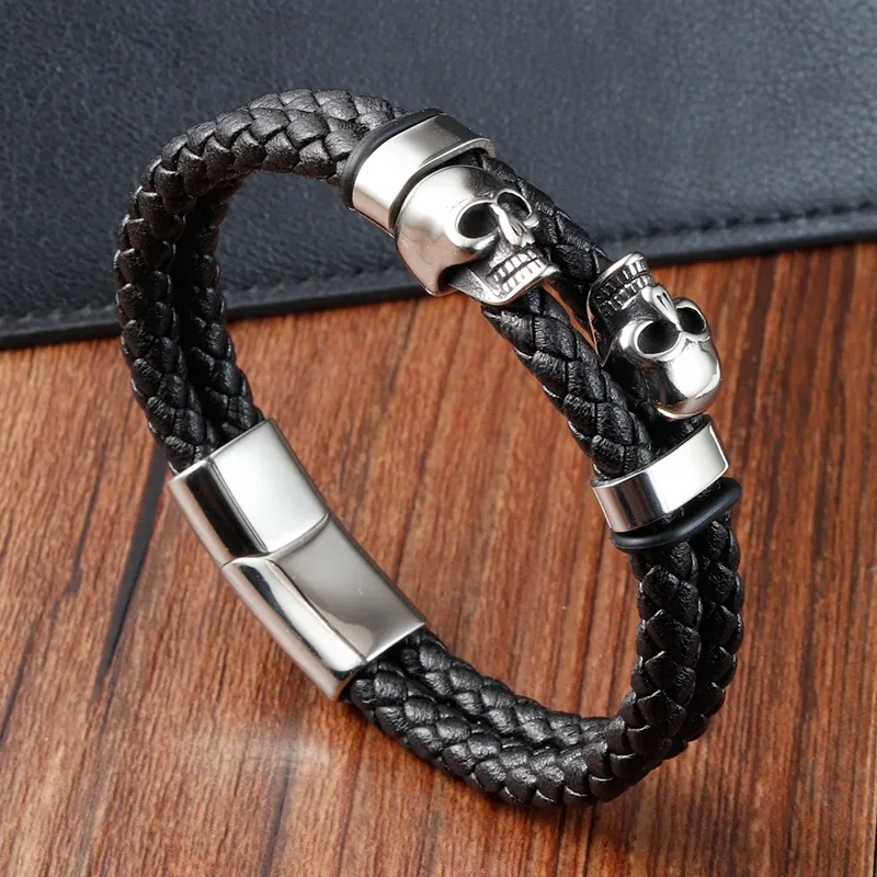 AliExpress - Bracelet multicouche Punk en acier inoxydable, breloque magnétique noire, Bracelets en cuir pour hommes, crâne tressé, bijoux pour hommes