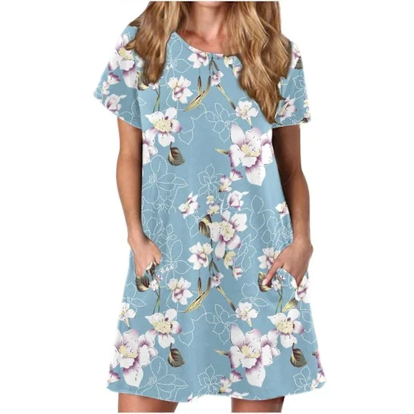 QLEICOM Kvinders Sommer Casual T-shirt Kjoler O-hals Korte Ærmer Løs Kjole Solkjole med Lommer Lyseblå XXL, US Størrelse: 12