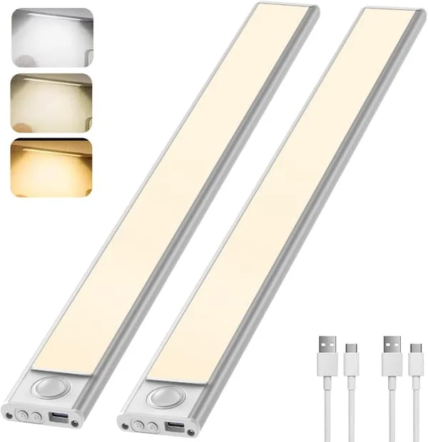 30cm Closet Light with Indoor Motion Sensor, Wireless LED Strip for Kitchen, 6000K Cabinet Lighting with 3 Lighting Modes, USB Rechargeable, 2-Pack