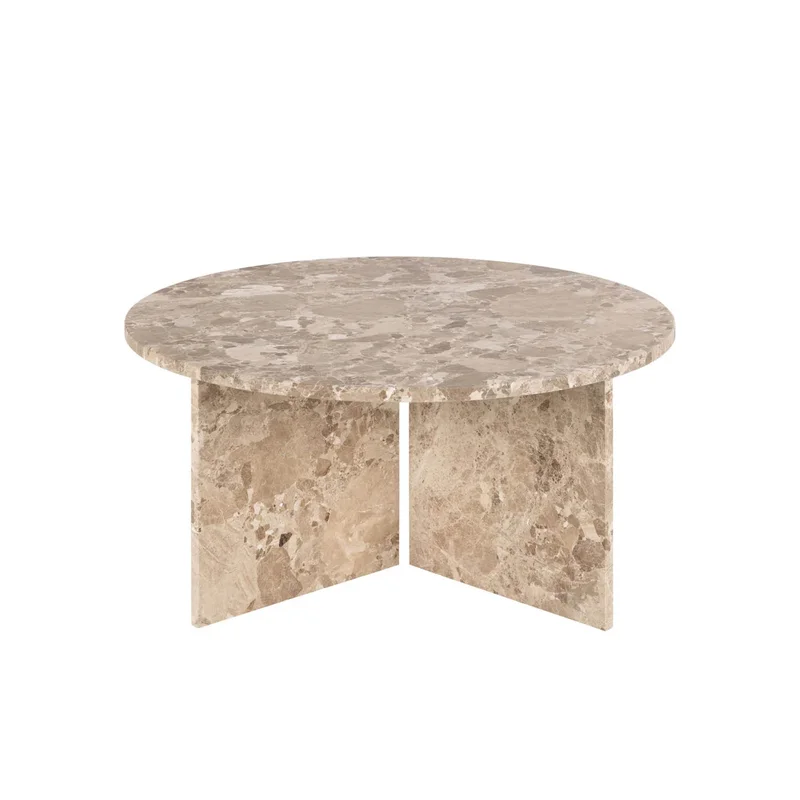 Vega Marmor Sofabord, Lattebrun | Ø90cm - 90x90x42cm - Eksklusivt, Solidt Marmorbord med Autentisk Mønster & Lakeret Bordplade til Hverdagshjemmet