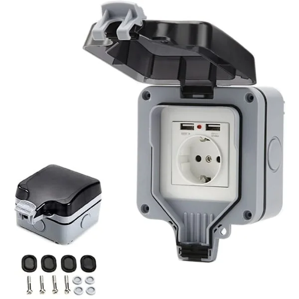 IP66 Vattentätt Uttag med USB-portar, Utomhus Eluttag med Lock, Vägguttagsbox för Trädgård, Garage, Pool