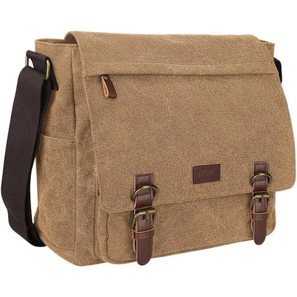 Herre Messenger Bag Crossbody Skulder 15,6 Tommers Bærbar Vintage Canvas Aktveske Veske med Flere Lommer(Kaffe)