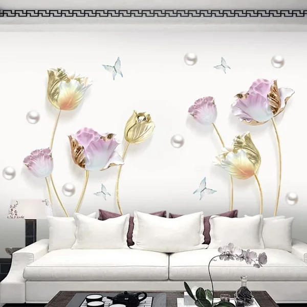 3D Flower Wall Stickers, Gold Wall Decals, Lotus Flowers, Tulips, Decorative Stickers for Living Room, Bathroom, Kids Room, Baby Room Decor