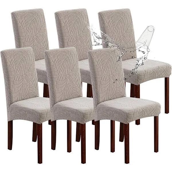 Vattentäta stolsöverdrag för restaurang, 6-pack, elastisk jacquard, avtagbara och tvättbara, lämpliga för hem (löv-mönster, varmgrå, 6-pack)