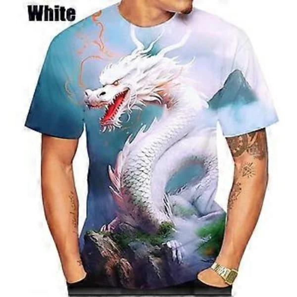 Herr T-shirts med drakmönster Sommar T-shirts Herr Casual 3D-tryck T-shirt Mode O-ringning Kortärmade Toppar (XXL vit)