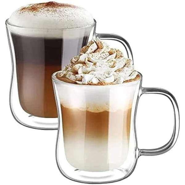 2x350ml Dobbeltvæggede Kaffeglas Krus Cappuccino Latte Macchiato Glas Kopper med Håndtag Holdbare Glas Kopper til Kaffe Te