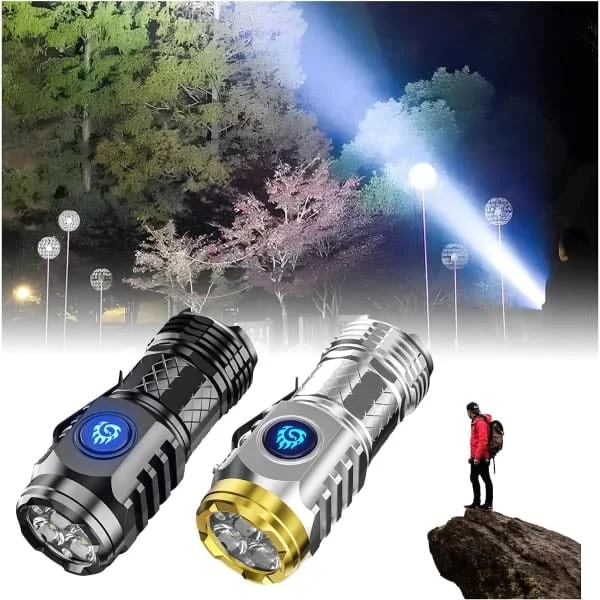 Trelögsmonster Mini Ficklampa - Hög Lumen Uppladdningsbar Ficklampa - Super Stark 9000 Lumen LED Ficklampa - 5 Lägen, 10 Timmar Drifttid
