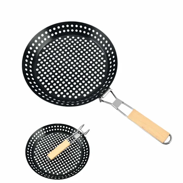 BBQ Fällbar Grillpanna med Hål 12" Non-stick Grillpanna med Fällbart Trähandtag, Camping Kokkärl Grillpanna för Grill -GSLA ZD Q