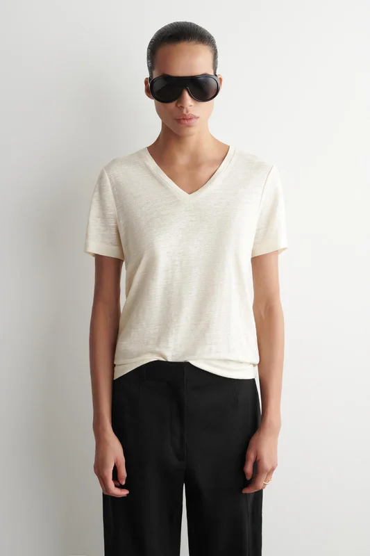 COS Damen T-Shirt Aus Leinen Mit V-Ausschnitt - Weiss