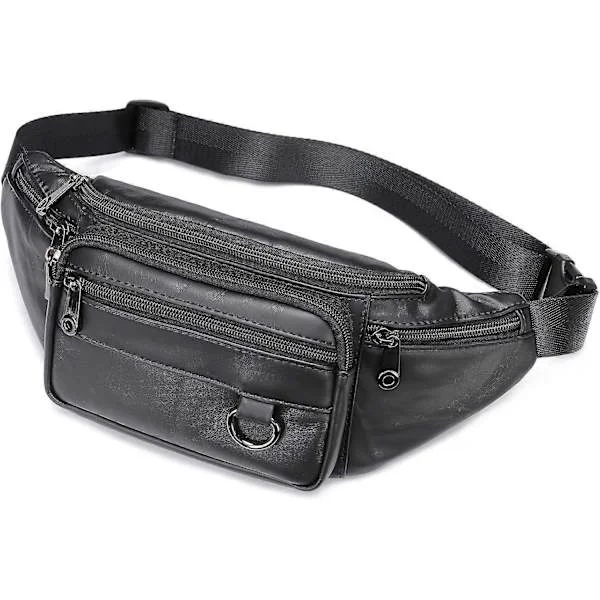 【BQ】Genuine Leather Waist Bag, Well-Made, Durable Leather Fanny Pack with Many Zipper Pockets, Black