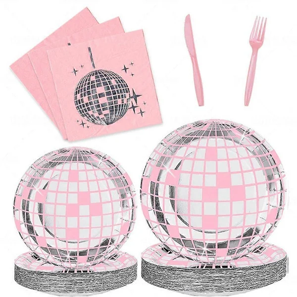 Disco Party Supplies Tallrikar Servetter Dukar Rosa Disco Födelsedagsfest Dekorationer 70-tals Rosa Tema Servis Set