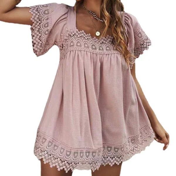 Dame sommer blonde topper korte puffermer firkantet hals flytende bluser skjorter for fester strender ferier rosa L