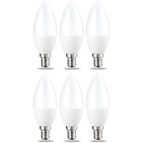 Set of 6 Small Flame-Shaped LED Bulbs, Edison Screw Base E14 5W (40W Equivalent) Warm White Non-Dimmable Light