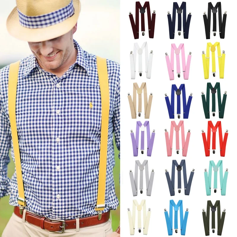 AliExpress - Bretelles unisexes de couleur unie, boucle à clipser pour hommes, bretelles élastiques réglables au dos en Y pour costume de mariage, 