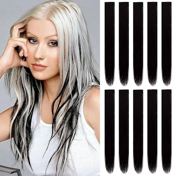 Syntetiske hårstykker10 stk Clip in Hair Extensions 22 Tommer Farvede Fest Highlights Lang Straight til Kvinder Børn Piger Raindow