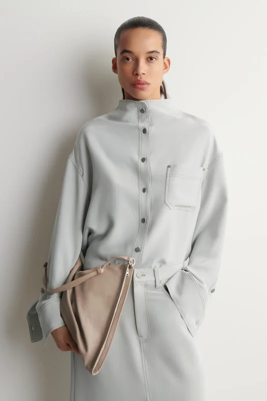 COS Women's Denim Effect Silk Funnel Neck Shirt in Grey