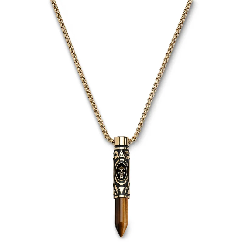 Rico | Gold-tone Stainless Steel & Yellow Tiger's Eye Bullet Necklace for Men