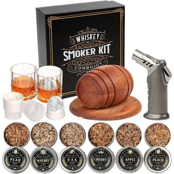 Whiskey Smoker Kit with Torch - 6 Flavors Wood Chips 2 Glasses 2 Ice Ball Molds - Cocktail Smoker Infuser Kit (NO Butane)-FX-