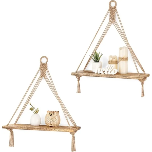 Hanging Shelves Boho Wall Decor Set of 2 Rustic Wood Floating Storage Shelves for Bedroom Living Room, Display Shelves for Hanging Plants, Brown