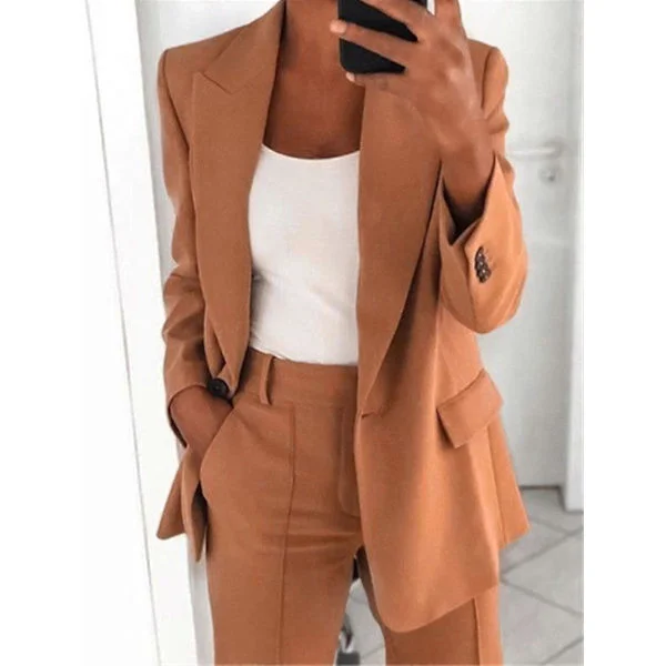 [RM] Women's 2 Piece Suit - Blazer Set Elegant Business Workwear Vintage Classic Solid Color Ruched Sleeve Open Front Suit Jacket and Straight Leg 