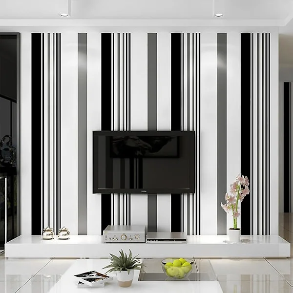 Livingandhome 10m Modern Svart Vit Grå Randig Non-Woven Tapet