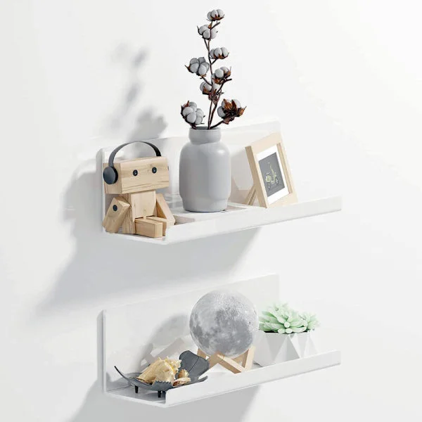 Vita Selvklebende Vegghyller Sett med 2 - Ingen Boring - 10x30 cm Akryl - Kompatibel med Bad, Stue, Soverom, Kjøkken, Kontor