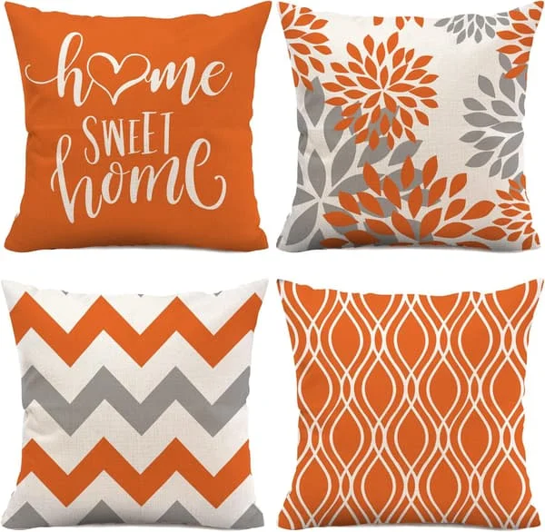 Orange Kuddfodral 18x18 Set om 4, Orange Dekorativa Kuddar för
