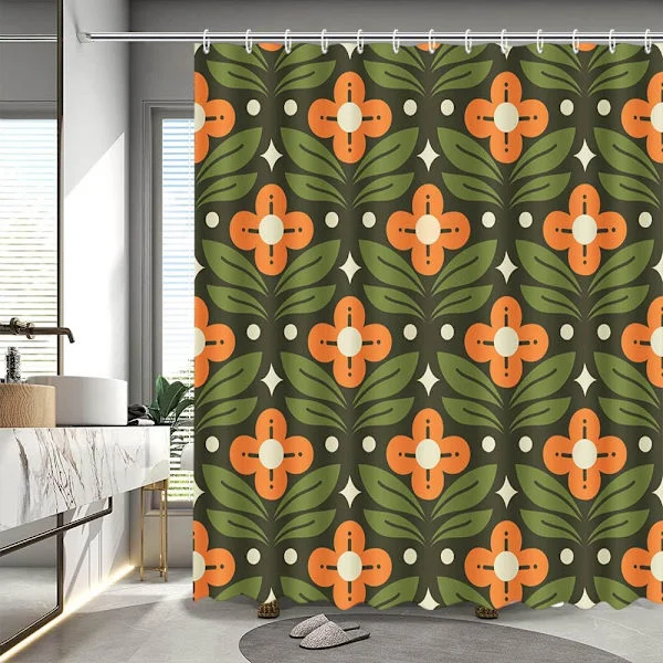 Orange Blommig Grön Duschdraperi Vintage Mid Century Modern Abstrakt Geometrisk Badrumsgardin Boho Retro Klassisk 195{hw}
