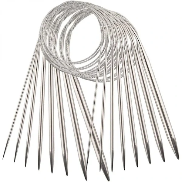 Rundstickor Set, Stickor i Rostfritt Stål 8-delars Kit med 60 cm Kablar, Rundstickor Set i