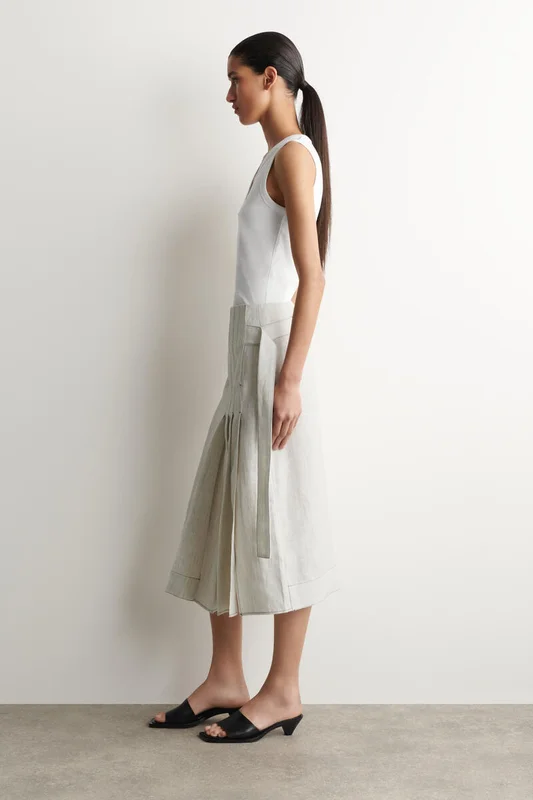 COS Women's Gonna Midi In Lino Con Pieghe E Cintura in Grigio
