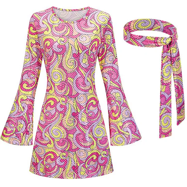 60- og 70-talls Disco Antrekk Hippie Kostyme Kvinner, 1970-talls Stil Klær Kjole Rosa Pink L Pink
