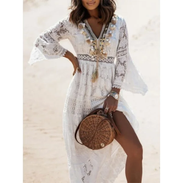 Sommar Boho Långklänningar Kvinnor Spets V-ringad Spaghetti Rem Klänning Dam Off Shoulder Strandklänning Vit Klänning Vestidos De Mujer DHLYQ19 Vit