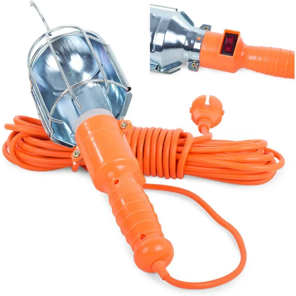 230V garasjelys m/krok, E27 sokkel opptil 60W, Arbeidslampe m/5m kabel, PÅ/AV-bryter, CE-sertifisert verksted-/byggelys, Pære ikke inkludert