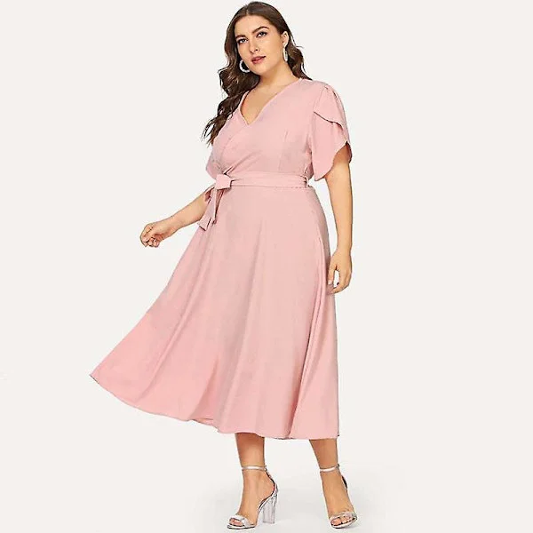 Sommar Dam Plus Size V-ringning Kortärmad Bälte Enfärgad Slim Långa Klänningar Xl-5xl