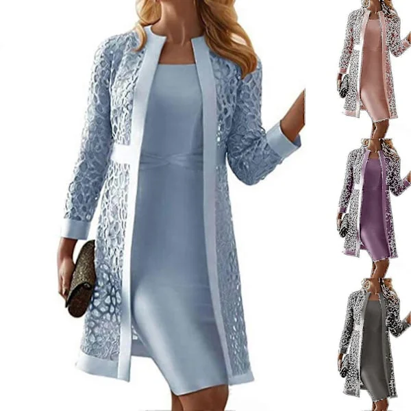 【BQ】Fianao Women's Solid Color Lace Cardigan Long Sleeve Knee Length Dress Coat Set for Office Light Blue
