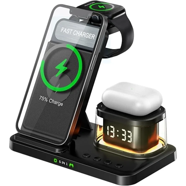 [LCS]iPhone Wireless Charger 5 in 1 LED, Apple Charging Station for Travel and Home Use, Multifunctional Charging Stand Black